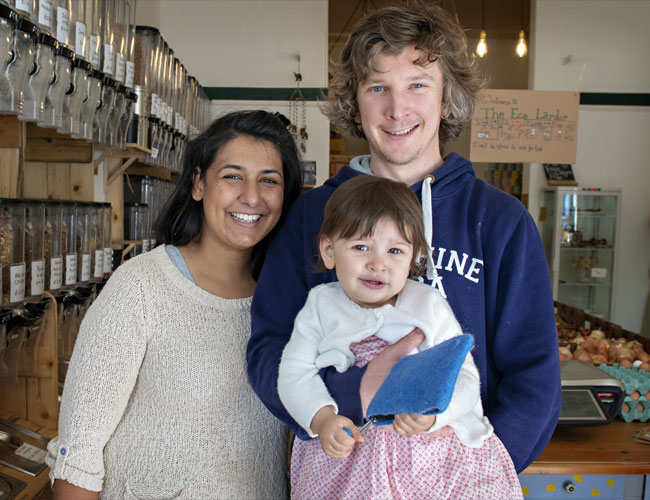 Matt Foulds photographed in The Ecolarder Shop with his family, Stephanie and Jasmina 